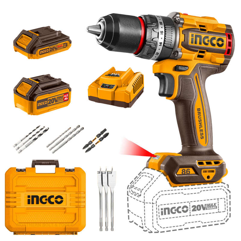 Ingco Cordless Impact Drill 86Nm Brushless 20V Kit