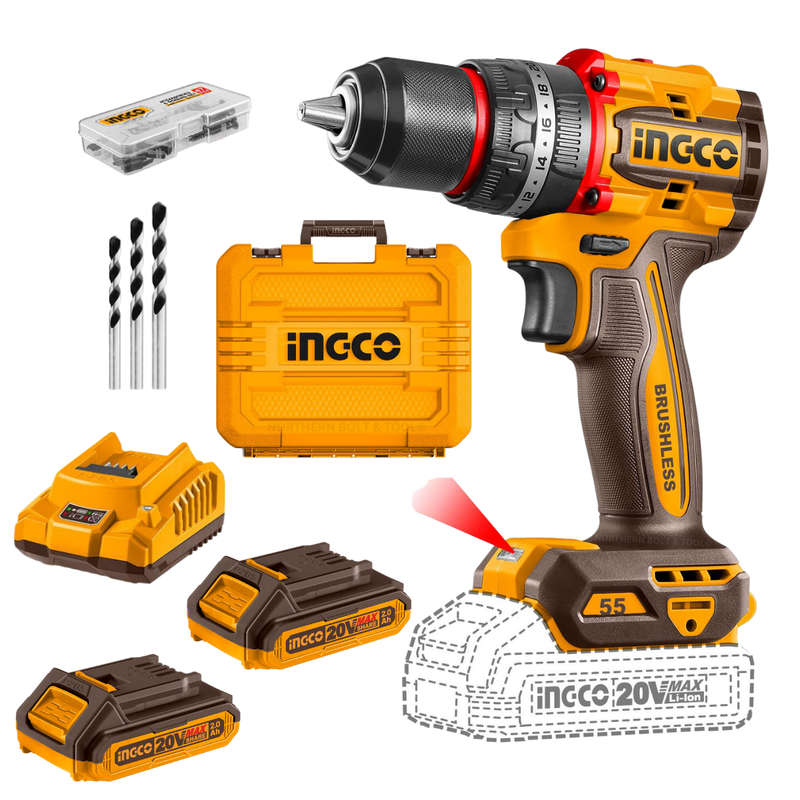 Ingco Cordless Impact Drill 55Nm Brushless 20V Compact Kit