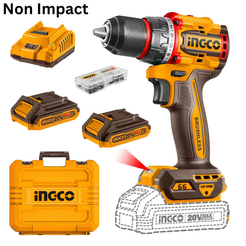Ingco Cordless Compact Drill 66Nm Brushless 20V Kit - Non Impact