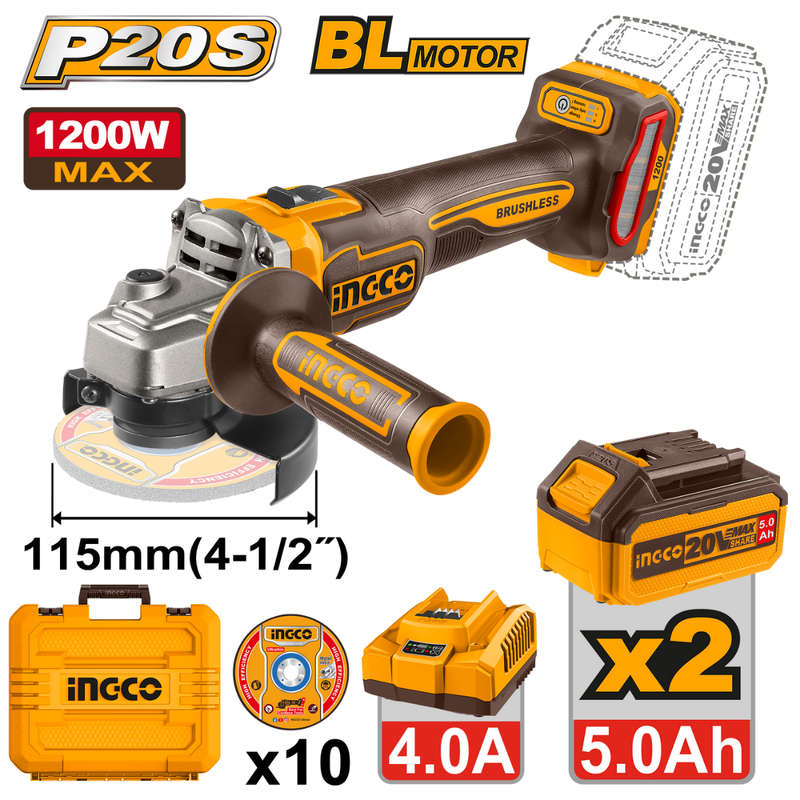 Ingco Cordless Angle Grinder 1200W 115mm 20V Kit
