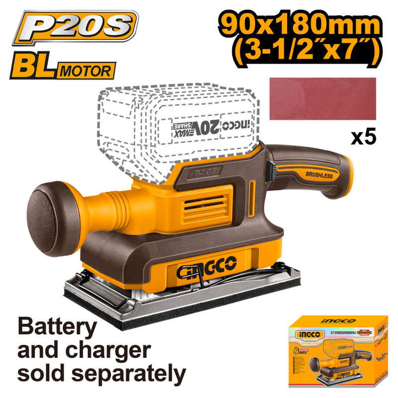 Ingco Cordless Finishing Sander Brushless 20V P20S (Tool only)