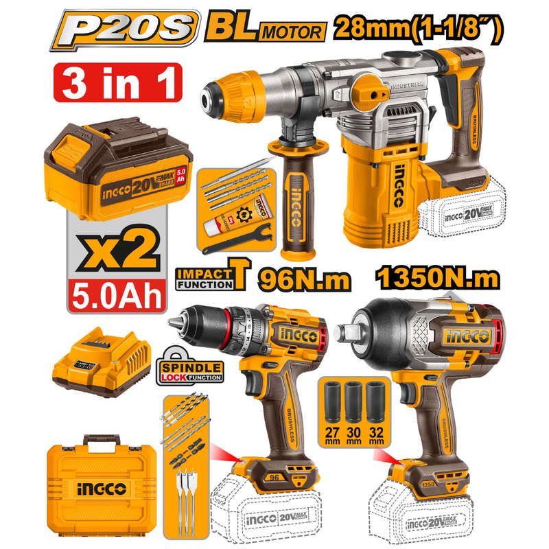 Special - Ingco Cordless Industrial 3Pcs Combo Kit 20V P20s