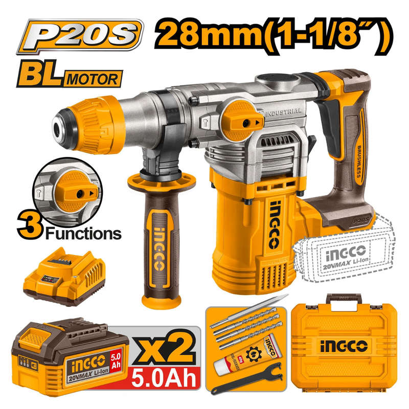 Ingco Cordless Rotary Hammer Drill 20V Kit with 2x Batteries(5Ah)