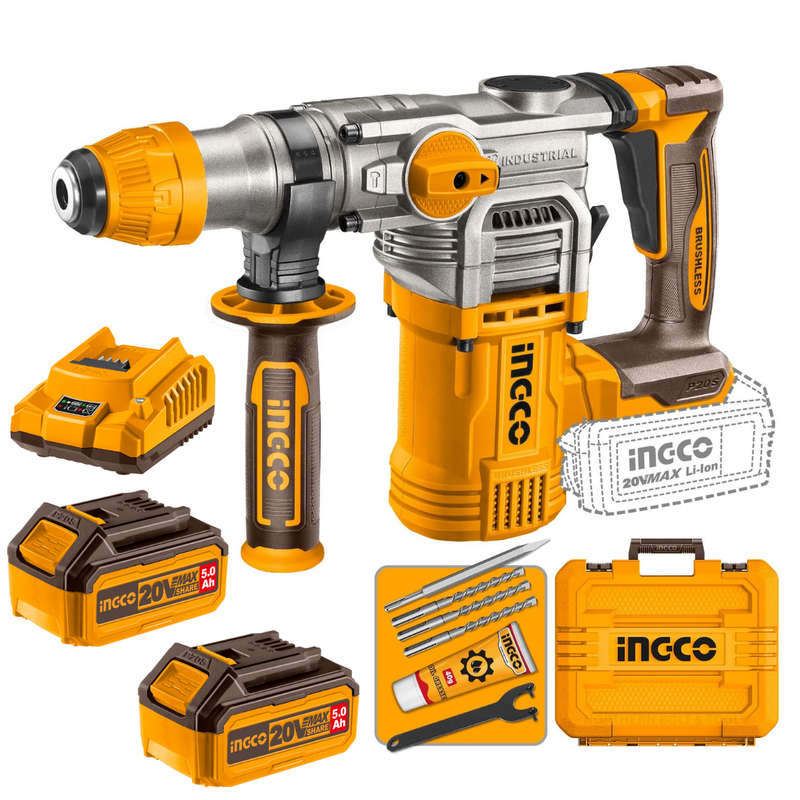Ingco Cordless Rotary Hammer Drill 20V Kit with 2x Batteries(5Ah)