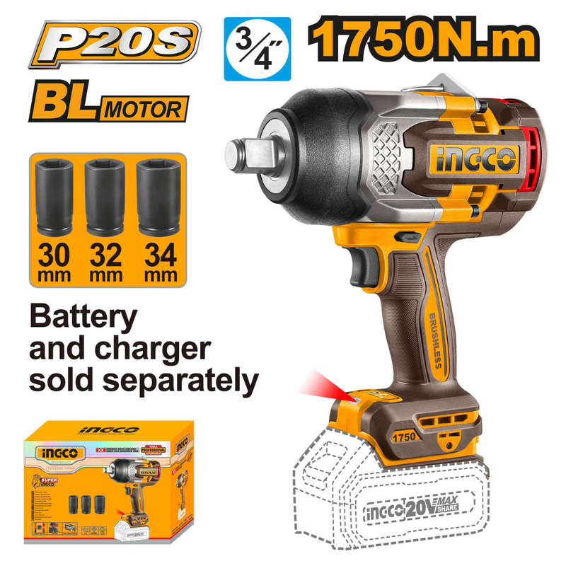 Ingco Cordless Impact Wrench 1,750Nm 20V (Tool Only)
