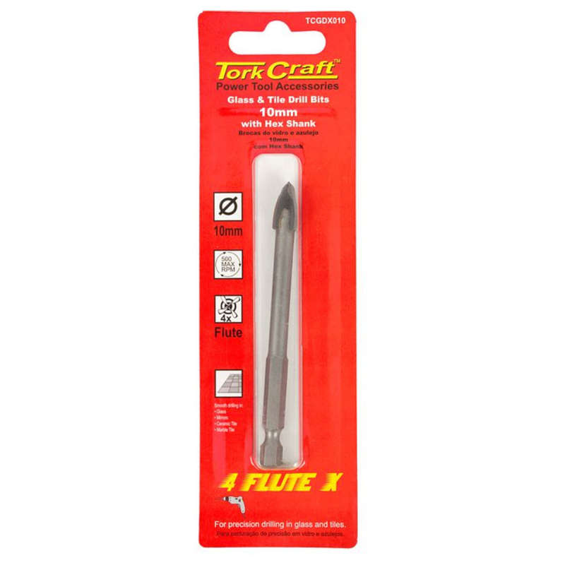 Special - Tork Craft Glass & Tile Drill 10Mm 4 Flute With Hex Shank - DEFAULT TITLE