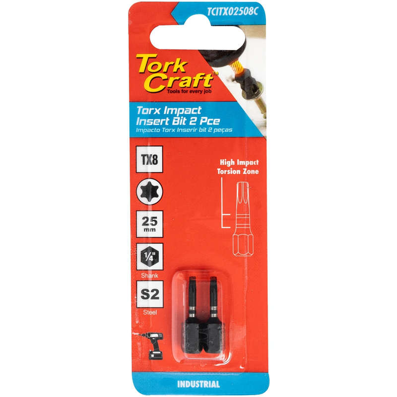 Tork Craft Torx Tx 8 Impact Insert Bit 25Mm 2Pc Carded - DEFAULT TITLE