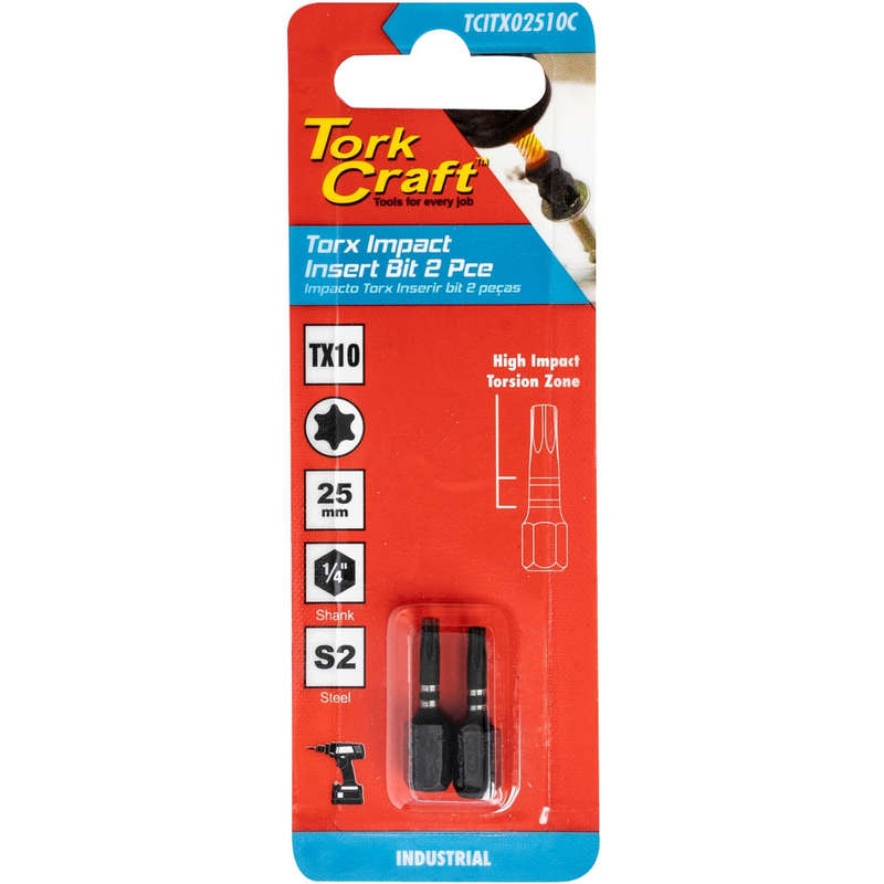 Tork Craft Torx Tx 10 Impact Insert Bit 25Mm 2Pc Carded - DEFAULT TITLE