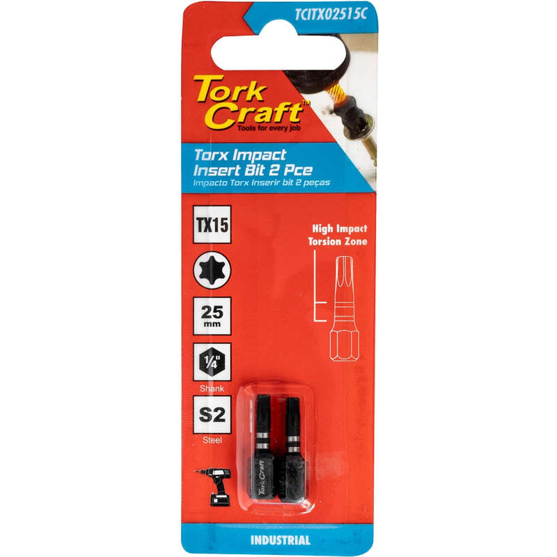 Tork Craft Torx Tx 15 Impact Insert Bit 25Mm 2Pc Carded - DEFAULT TITLE