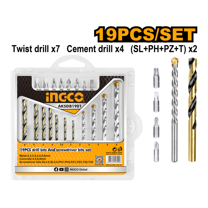 Ingco Drill And Screwdriver Bits Set 19 Pcs -