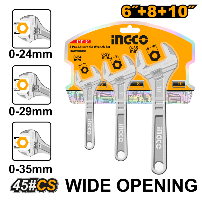 Ingco Adjustable Wrench Set 3Pcs - DEFAULT TITLE