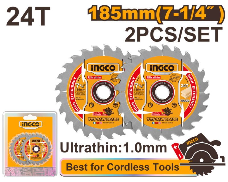 Ingco Ultra-thin TCT saw blade set 185mm 2Pcs -