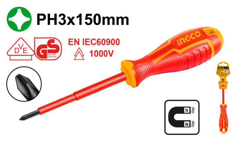Ingco Screwdriver insulated PH3 X 150mm - DEFAULT TITLE