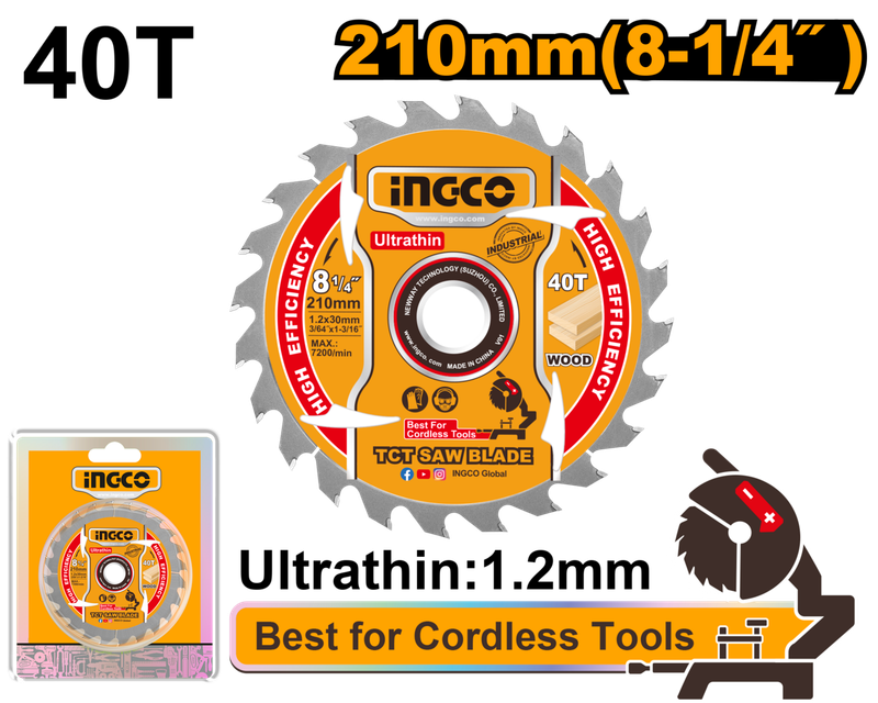 Ingco TCT Saw Blade 210mm 40T - DEFAULT TITLE