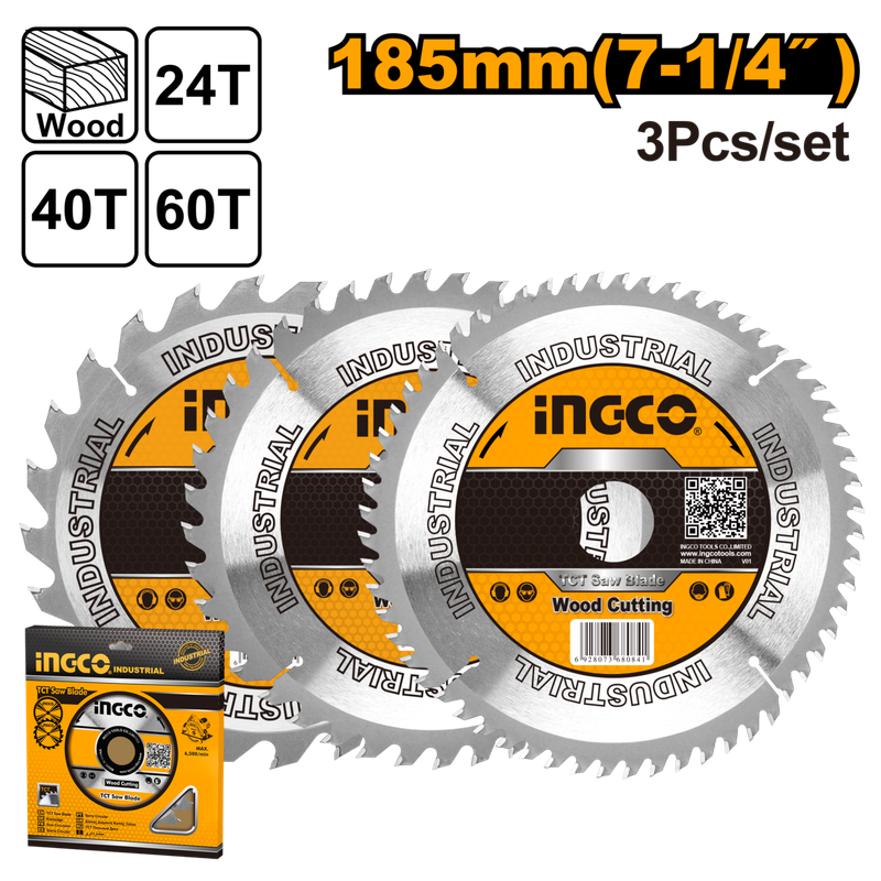 Ingco TCT Saw Blade Set 185mm 3Pcs Set
