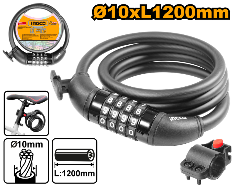 Ingco - 4 Digit Combination bicycle lock (with lock frame) - DEFAULT TITLE