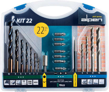 Alpen Drill And Screwdriver Set 22Pcs In Carry Case With Steel And Masonry Drill Bits -
