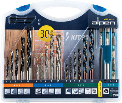 Alpen Drill And Screwdriver Set 30Pcs In Carry Case With Steel, Masonry And Wood Drill Bits -