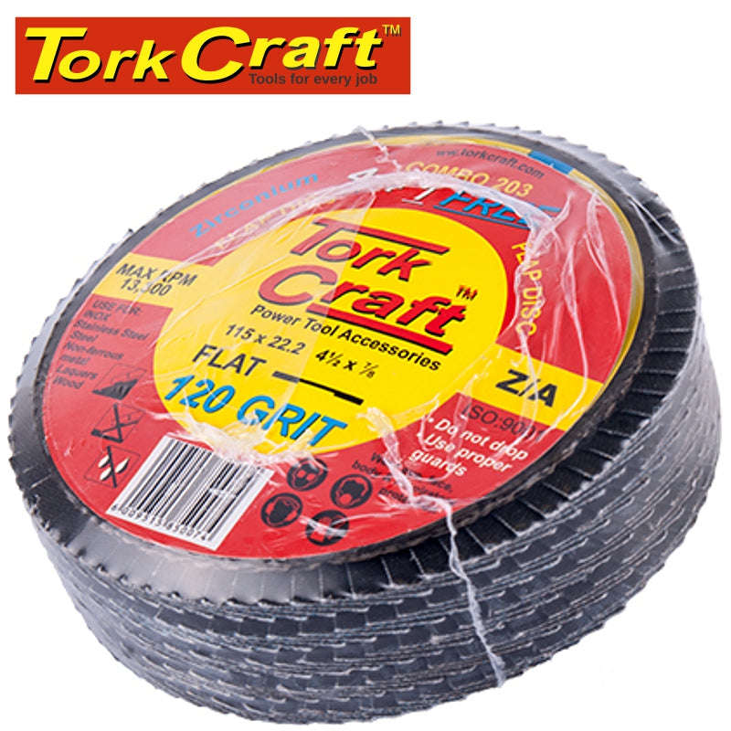Tork Craft Flap Disc Zirconium 115Mm 120 Grit Flat 4+1 Free -