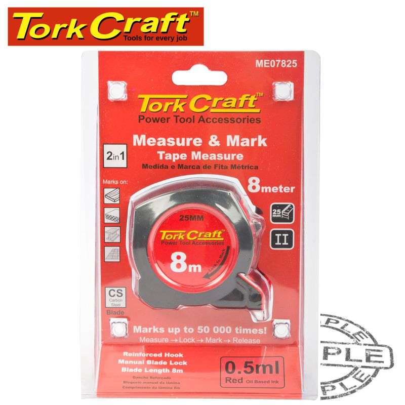 Tork Craft Measuring Tape With  Marker 8M X 25Mm Rubber Casing Matt Finish - DEFAULT TITLE