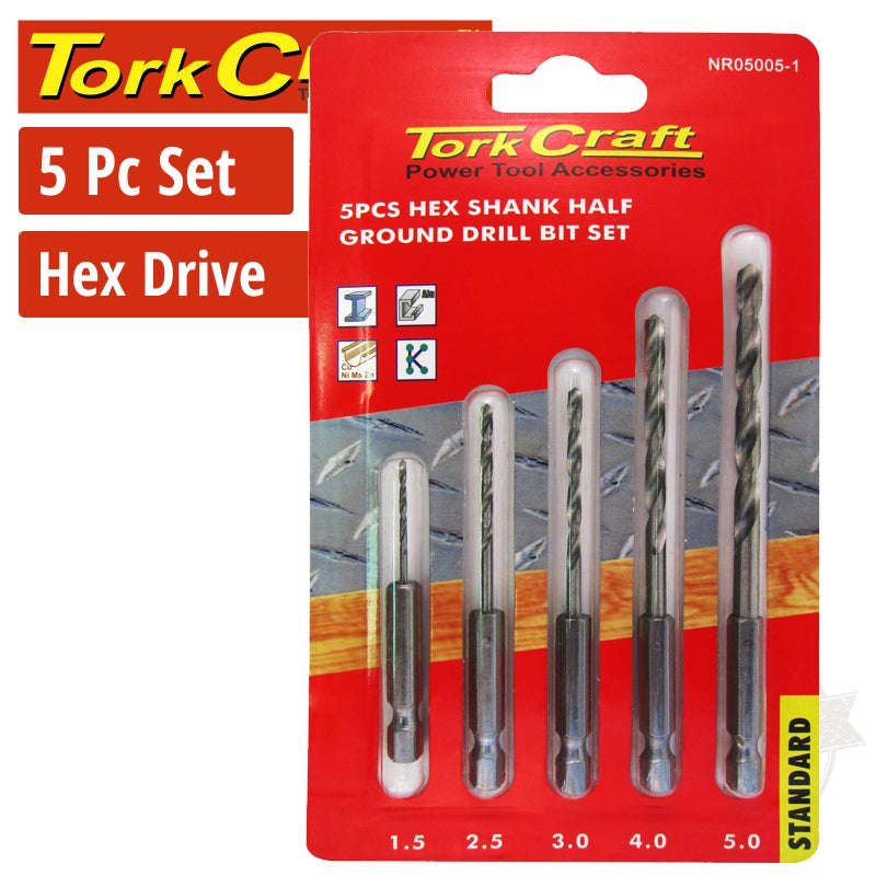 Tork Craft Drill Bit Set 5Pcs Half Ground.Polished Hex Shank 1.5/2.5/3/4/5Mm - DEFAULT TITLE