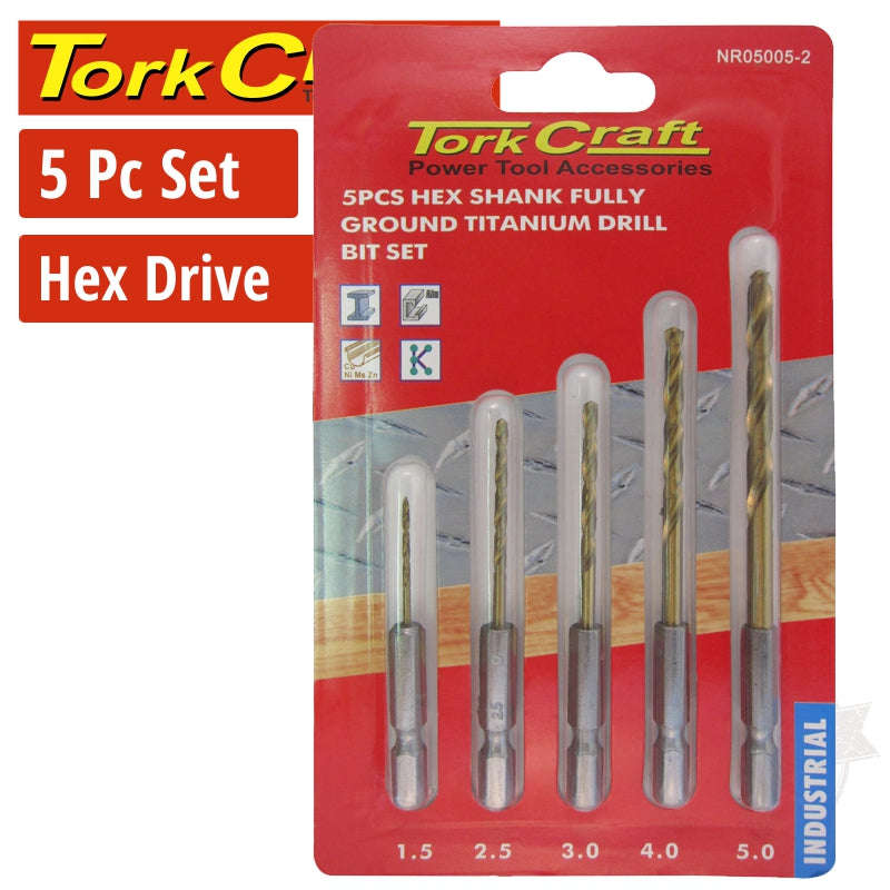 Tork Craft Drill Bit Set 5Pcs Fully Ground.Titanium Hex Shank 1.5/2.5/3/4/5Mm - DEFAULT TITLE