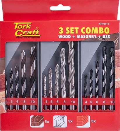 Special - Tork Craft Drill Bit 3 Set Combo - Wood + Masonry + Hss