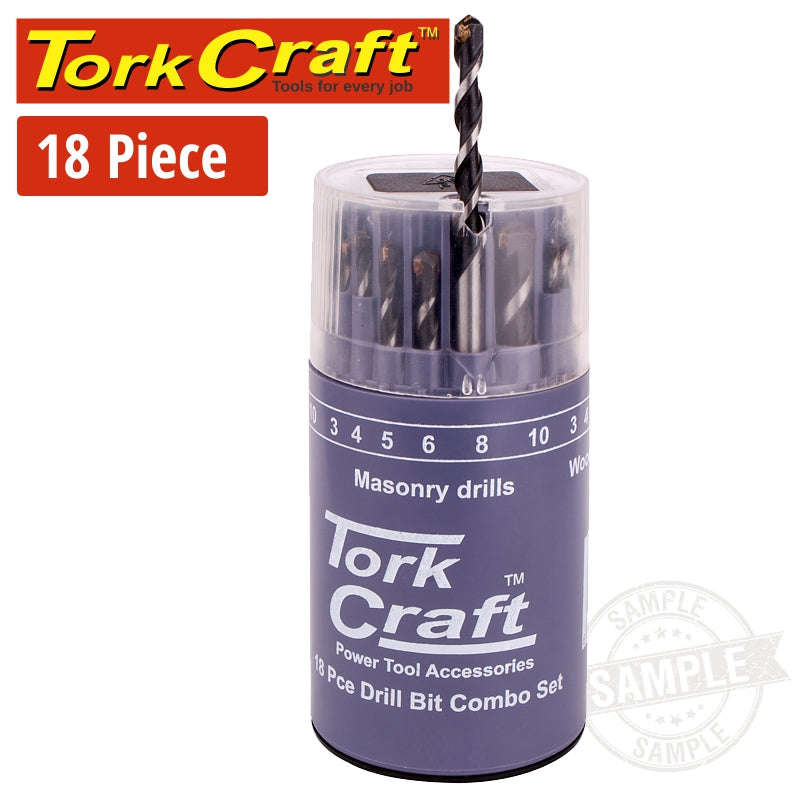 Special - Tork Craft Drill Bit 18 Set Combo Wood + Masonry + Hss In Plastic Container - DEFAULT T...