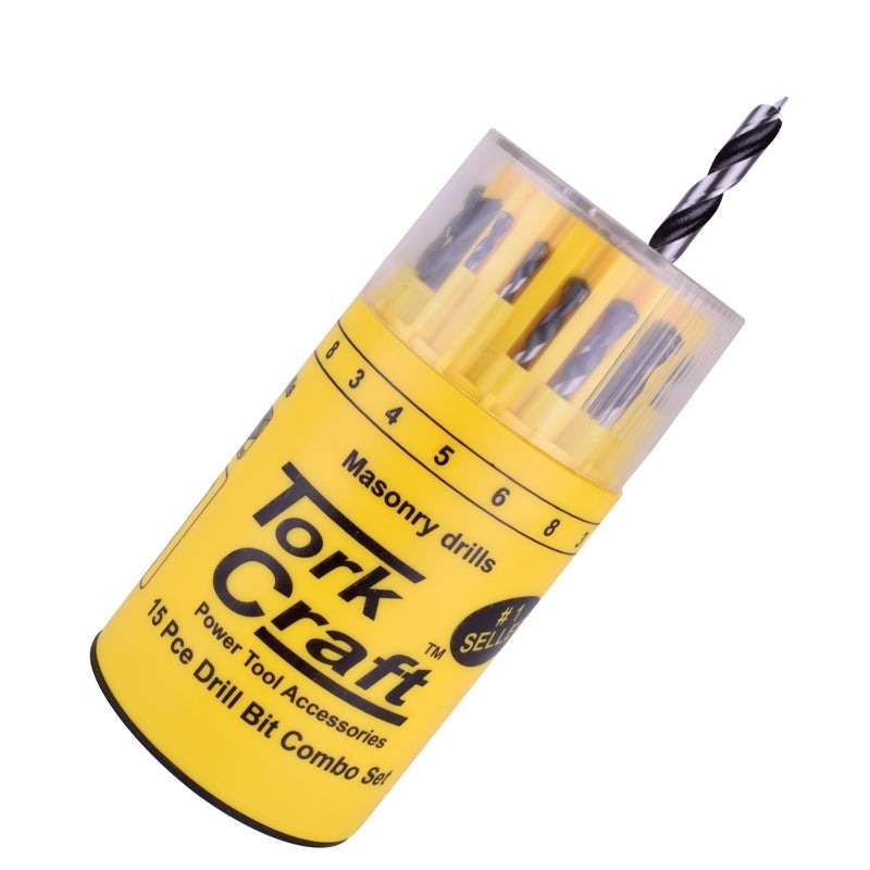 Tork Craft Drill Bit 15Pc Set Combo Wood + Masonry + Hss In Plastic Container - DEFAULT TITLE