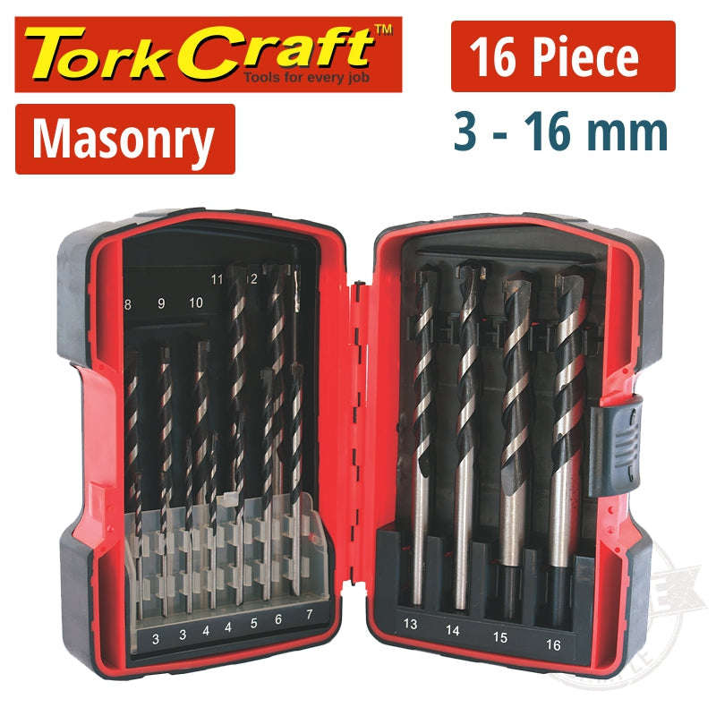 Tork Craft Masonry Drill Bit Set 16Pc 3 - 16Mm In Plastic Case - DEFAULT TITLE