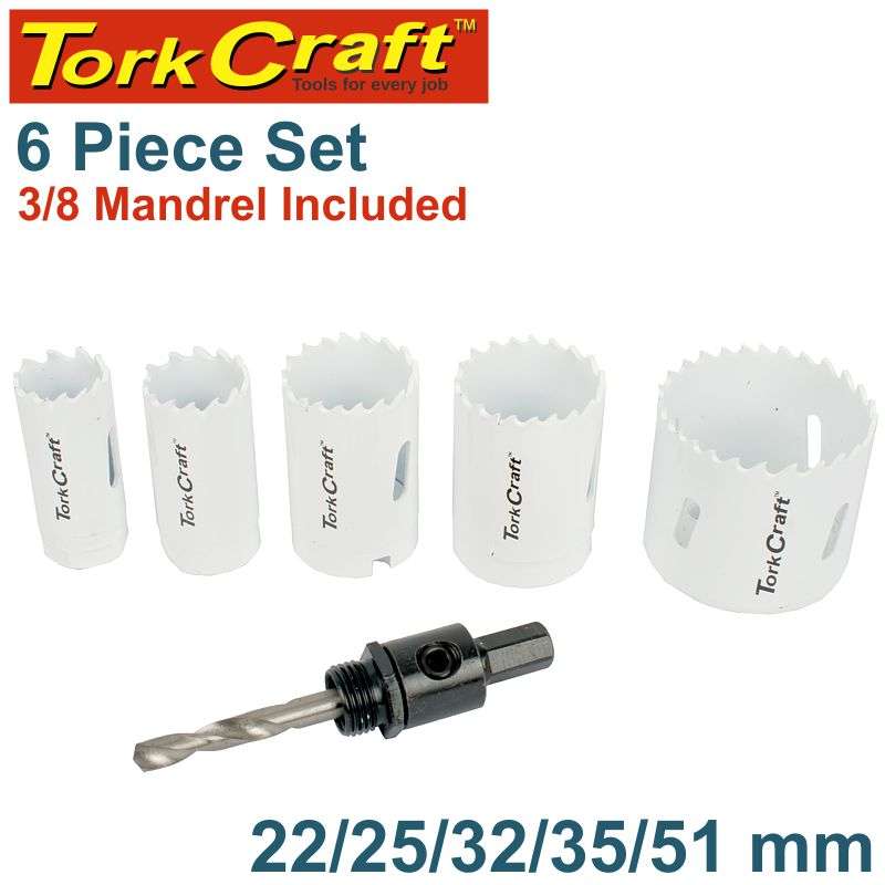 Special - Tork Craft Hole Saw Set 6Pce Bi-Metal (22/25/32/35/51Mm & 3/8 Hex Mandrel) - DEFAULT TITLE