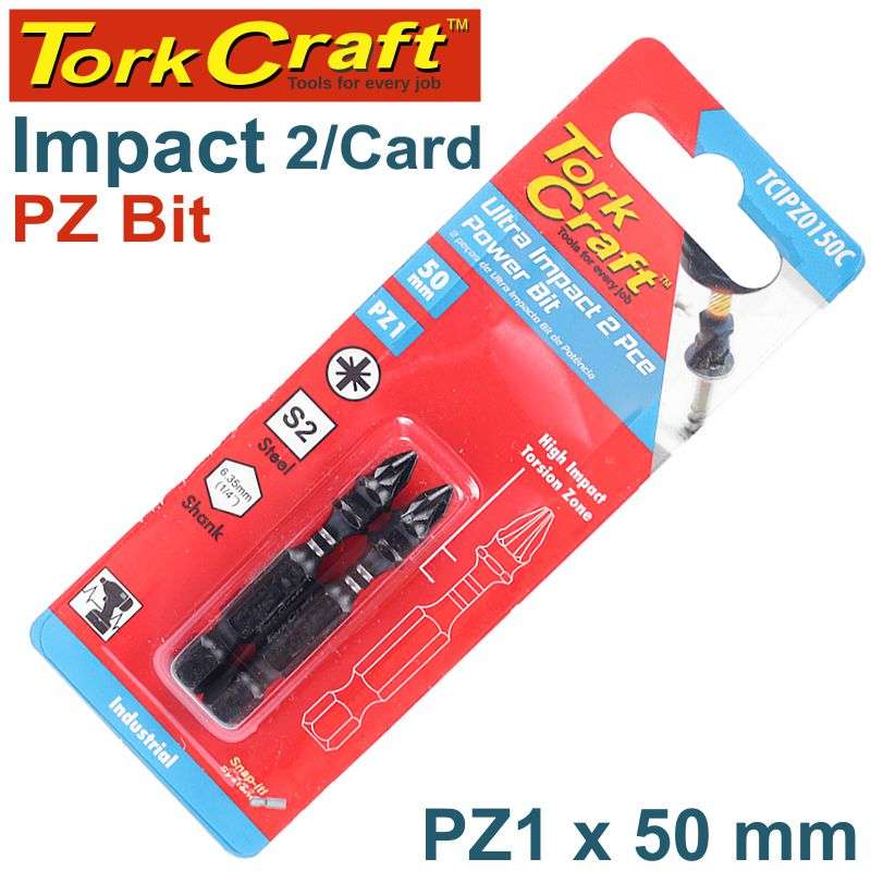 Tork Craft Impact Pozi.1 X 50Mm Power Bit 2/Card - DEFAULT TITLE