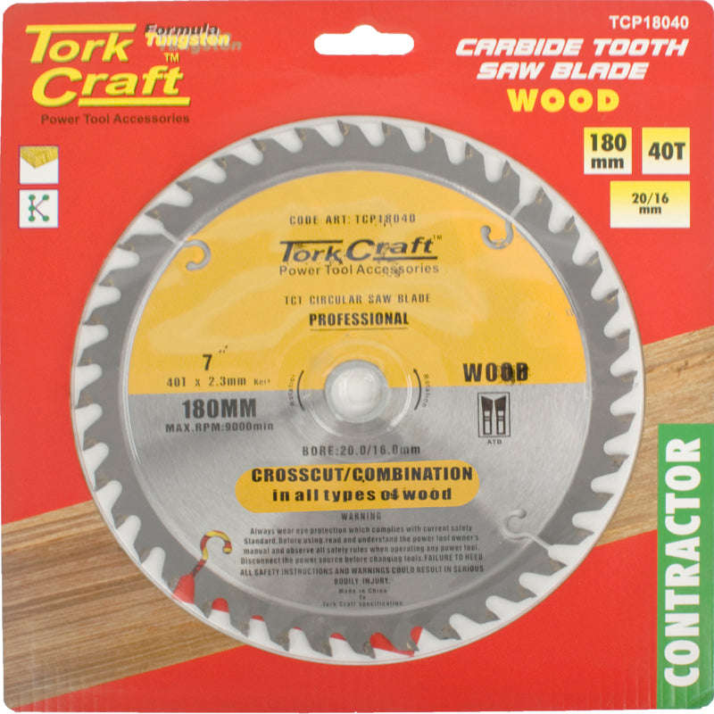 Tork Craft Blade Contractor 180 X 40T 20/16 Circular Saw Tct - DEFAULT TITLE
