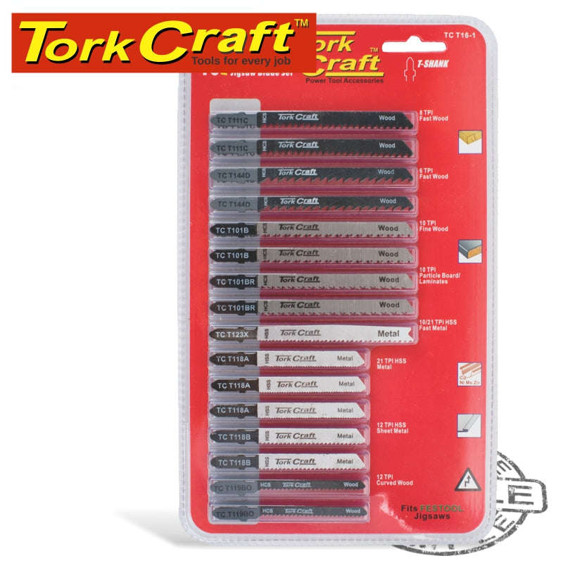 Tork Craft T-Shank Jigsaw Blades 16Pc Set Assorted Metal & Wood Cutting - DEFAULT TITLE