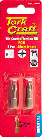 Tork Craft Pozi 2 X 25Mm Insert Bit Torsion Tin Coated 2Pce Pz2 - DEFAULT TITLE