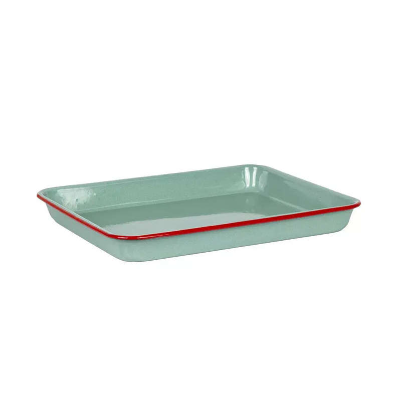 Baking Tray - Enamel Teal Red Rim 28cm