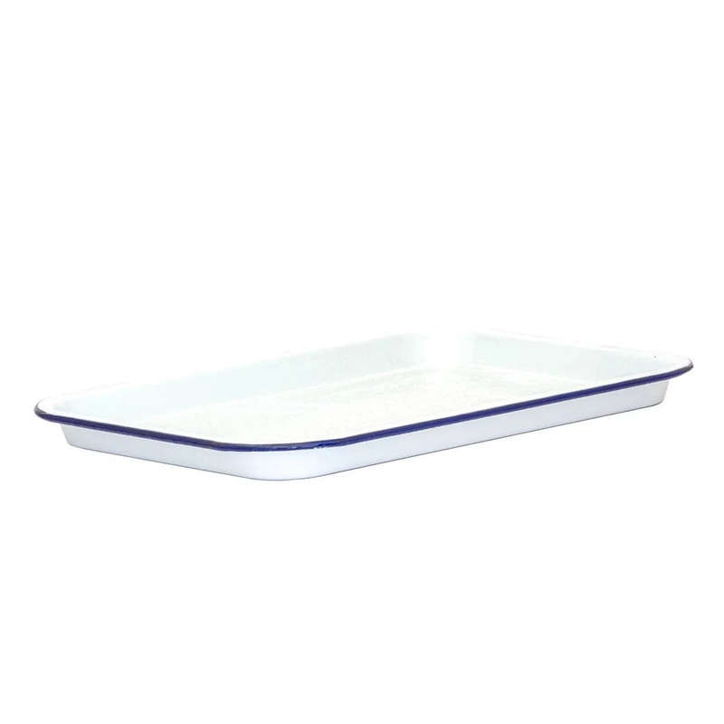 Baking Tray - Enamel White & Blue Rim Rectangular 33.5cm