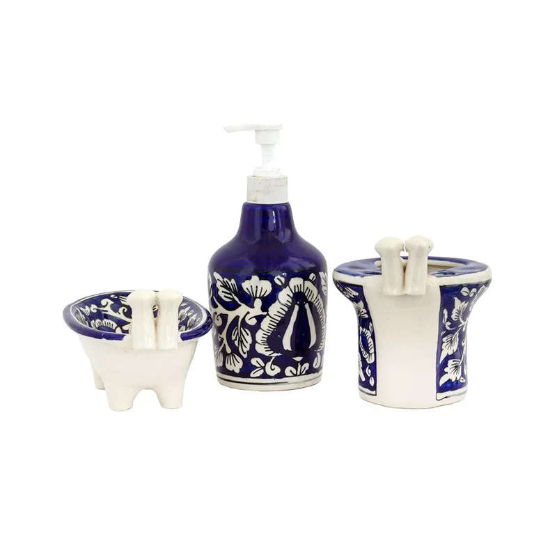 Bathroom Set - Ceramic Blue Flower 3 Piece No.2