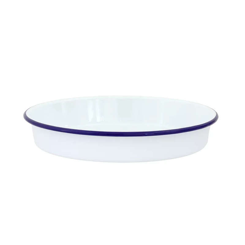 Cake Tin - Enamel White Blue Rim 24cm
