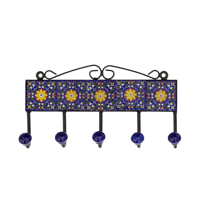 Ceramic Hook - 5 Hook Tiles Blue & Yellow