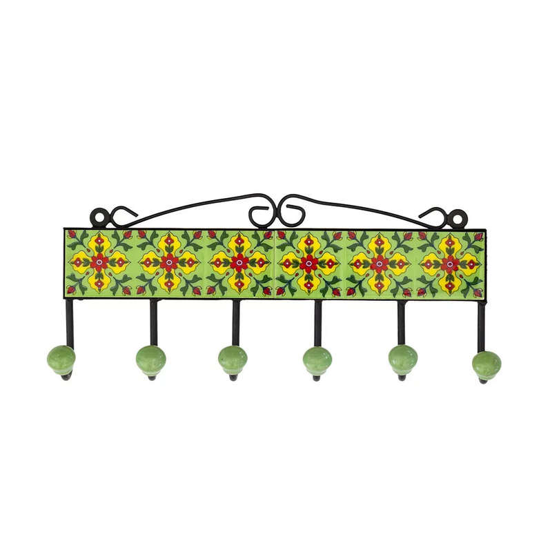 Ceramic Hook - 6 Hook Tiles Light Green & Yellow