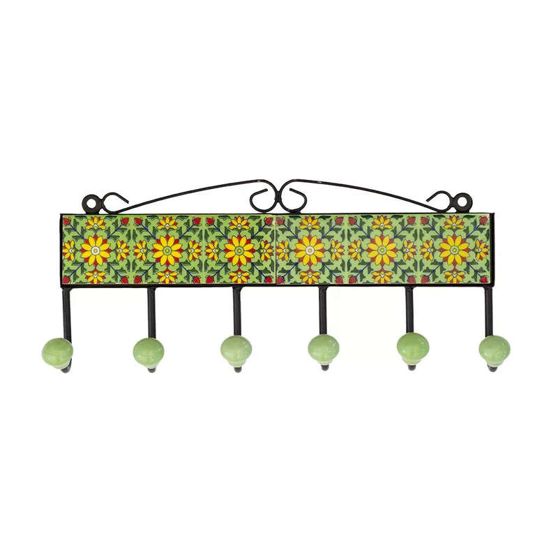 Ceramic Hook - 6 Hook Tiles Light Green Yellow Flowers