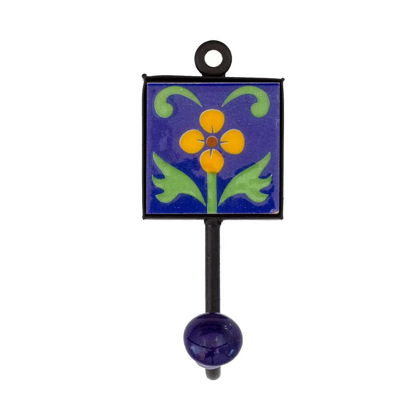 Ceramic Hook - Single Blue Yellow Flower