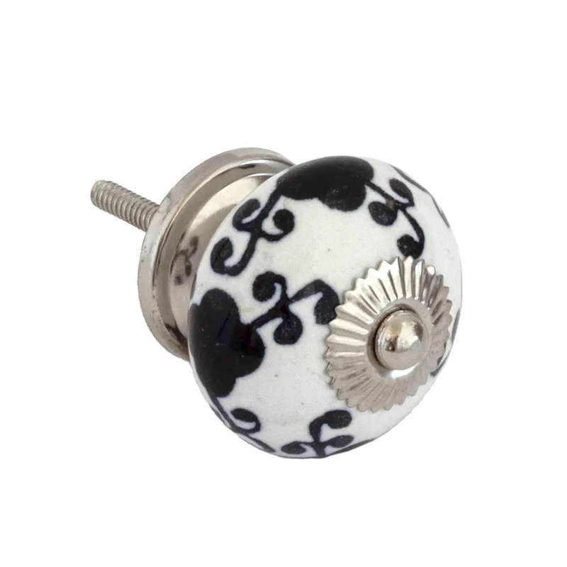 Ceramic Knob - White & Black Flower & Vines