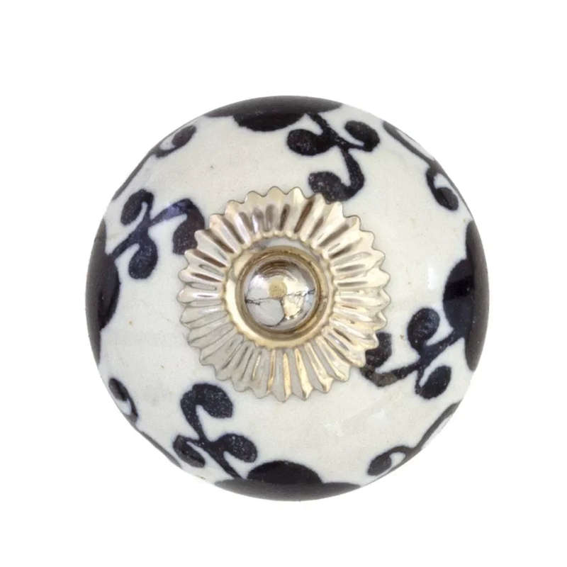 Ceramic Knob - White & Black Flower & Vines