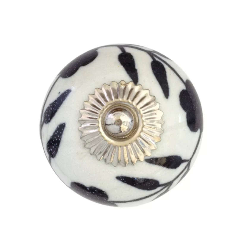 Ceramic Knob - White & Black Flowers