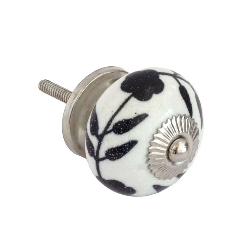 Ceramic Knob - White & Black Flowers