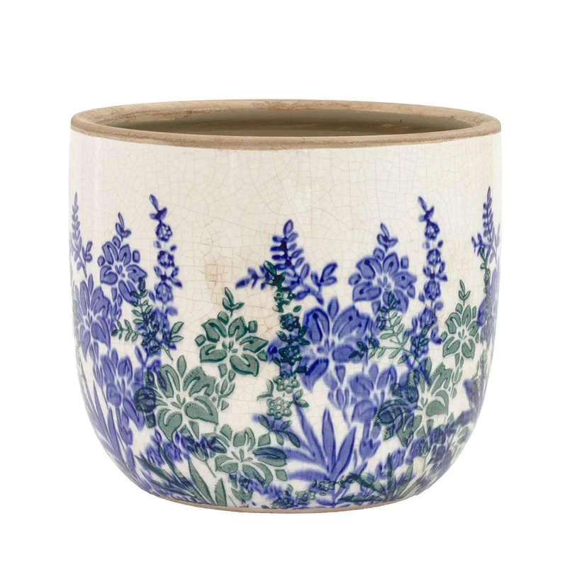 Ceramic Planter - Blue & Green Flowers 13.5cm