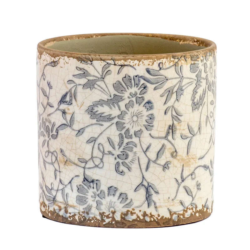 Ceramic Planter - Blue Grey Flowers 13.5cm