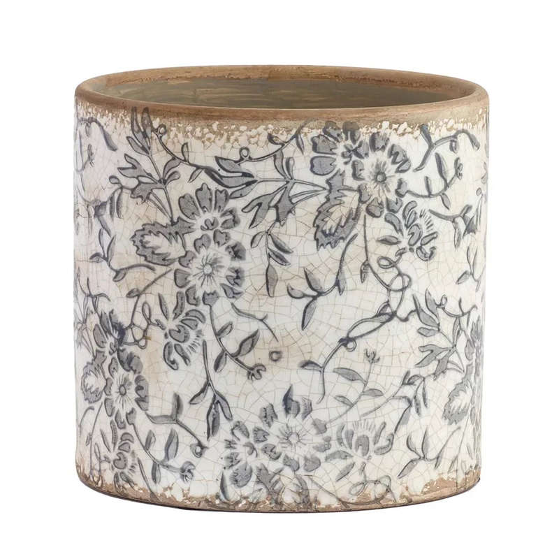 Ceramic Planter - Blue Grey Flowers 17cm